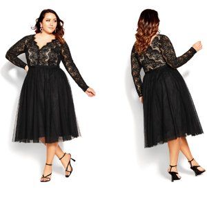 CITY CHIC RARE BEAUTY LONG SLEEVE BLACK/NUDE LACE DRESS sz S/16W
